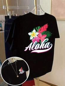 Camiseta de Manga Corta de Alta Calidad con Estampado Frontal y Trasero - Estilo Hawaiano, Floral Tropical - Camiseta Estampada para Mujer, Primavera/Verano, Artículo de Moda, Versátil y Casual, Tela Suave - Estilo - Ver 3