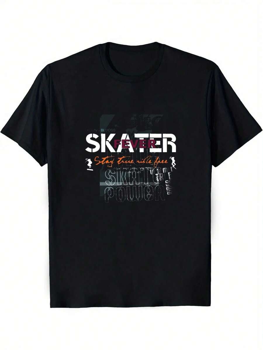 Camiseta Gráfica Negra para Hombre "Skater Fever" - Camiseta de Streetwear 100% Algodón con Atrevidas Letras "SKATER" en Blanco y Naranja, Diseño de Skateboarding, Cuello Redondo, Corte Casual para Moda Urbana y Cultura del Skate - Transpirable y Cómoda para Uso en Todas las Temporadas - Ideal para Skaters - Negro - Ver 1