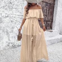 Holidaya Women's Off Shoulder Swiss Polka Dot High Slit Dress Maxi Vacation Beach Outfit - Albaricoque - Ver 2