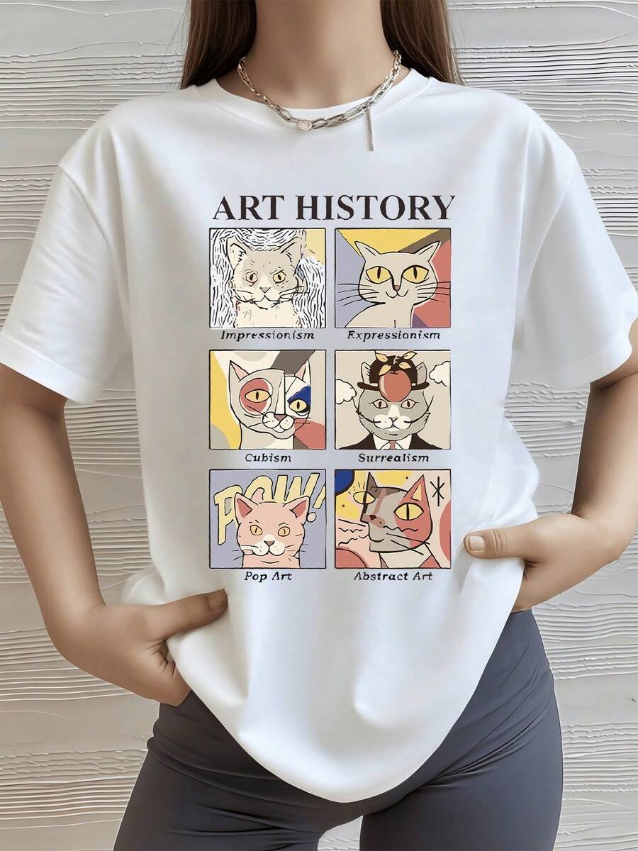 Gatos artísticos representando movimientos como impresionismo expresionismo cubismo surrealismo y arte pop mostrando la conexión divertida entre el arte clásico y la creatividad moderna en una camiseta de mujer cómoda y original - Blanco - Ver 1