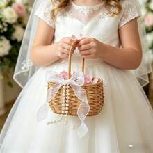 Wicker Flower Girl Baskets With Bows Rustic Pearl Willow Wedding Baskets For Party Banquet Ceremony Decoration - Brown - View 3