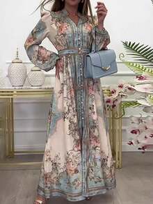 Vestido largo primavera 2026, estampado vintage, cintura marcada y falda amplia - Blanco - Ver 6