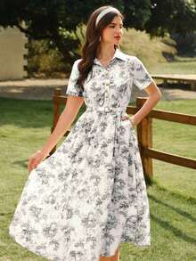 Vestido de mujer elegante y vintage con bolsillos y cinturón, vestido camisero con estampado floral, cierre con botones, vestido casual para ir y venir, vacaciones, vestidos de verano para mujer, atuendos de vacaciones de verano, atuendos de primavera para mujer, vestidos de primavera para mujer, ropa de primavera para mujer, atuendos de vacaciones de primavera, vestidos elegantes para fiestas, vestidos elegantes para fiestas para mujer, vestido de invitada de boda para mujer, vestido de fiesta de boda, vestido de graduación, vestidos elegantes para ceremonias, vestidos elegantes para mujer, vestido formal - Azul y blanco - Ver 10
