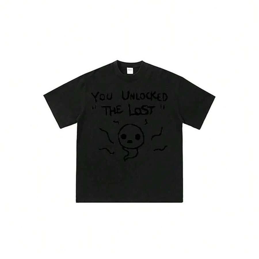 Camiseta unisex de manga corta informal de verano con estampado de dibujos animados de anime Y2K de The Binding of Isaac: The Lost Unlock Art - Negro - Ver 1