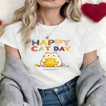 Kawaii Happy Cat Day Graphic T-Shirt, 100% Cotton Oversized Soft Breathable Casual Crewneck Short Sleeve Top, Summer Vibes Aesthetic Tee for Cat Lovers and Playful Women - Blanco - Ver 6
