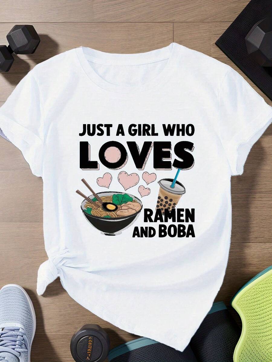 Camiseta de Manga Corta para Mujer Talla con Estampado de Ramen yé de Bola - Cuello Redondo, Blusa Casual Lavable aáquina para Outfits Temáticos y Amantes delé - Blanco - Ver 1