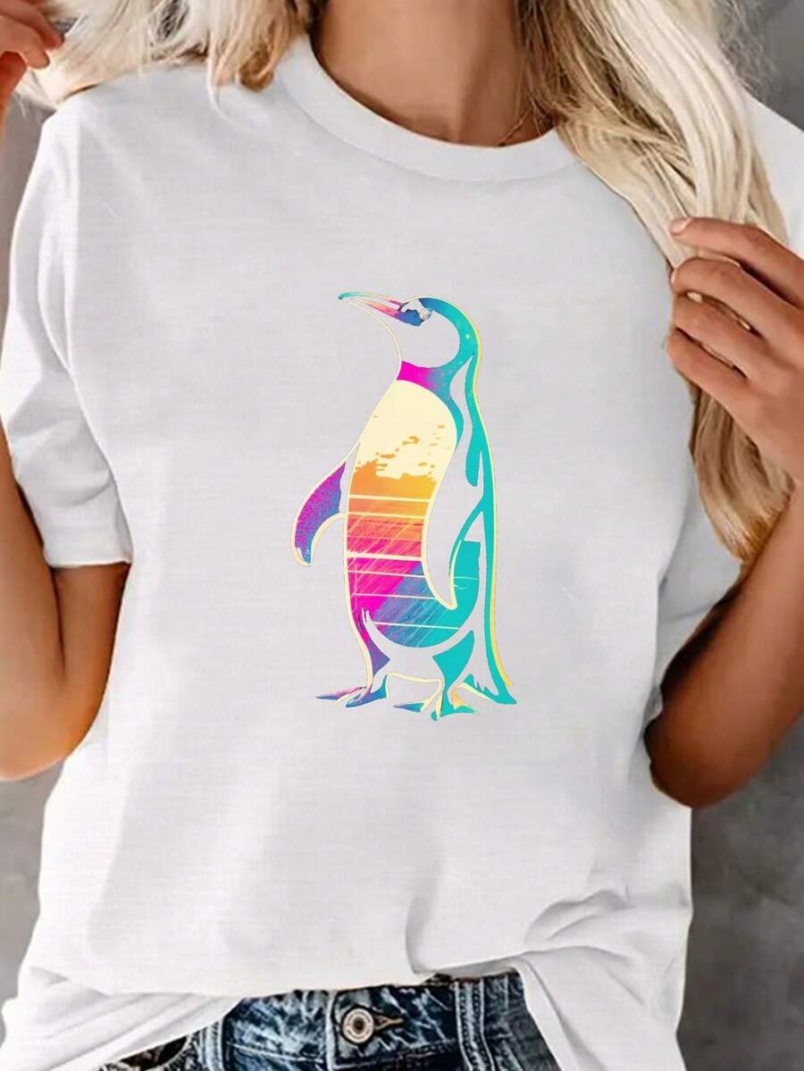 Camiseta de manga corta con estampado de pingüino en degradado neón para mujer, cuello redondo, estilo casual, color negro. - Blanco - Ver 1