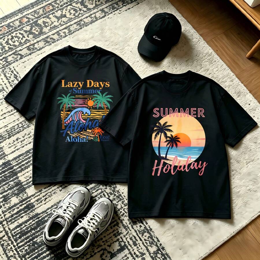2-Piece Couple Matching Pattern T-Shirt, 100% Cotton, Loose Fit, Soft And Breathable, Casual Round Neck Short Sleeved Top Lazy Days Summer Aloha Summer Holiday Sunset Palm Versatile Patterns No Picky Combinations Coordinated Dating Casual Travel Simple And Cartoonish Printing Styles High - 黑色 - 查看 1
