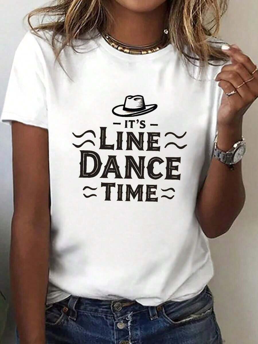 ComfortableCamiseta Gráfica para Mujer "It's Line Dance Time" - Manga Corta, Cuello Redondo, Estilo Casual con Estampado Geométrico, Elasticidad Media y Lavable a Máquina, Comodidad para Tod - Blanco - Ver 1