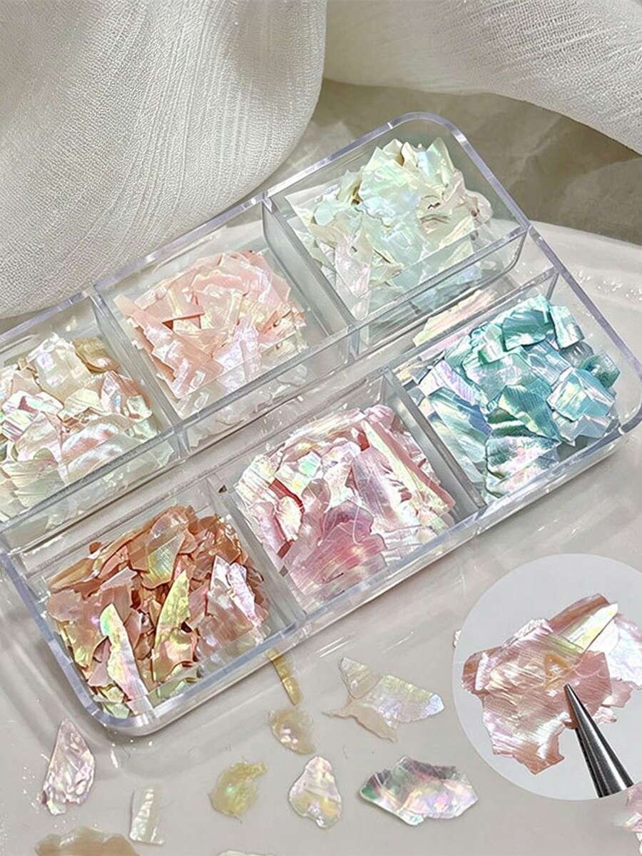 3D美甲裝飾品 薄款幻彩彩色貝殼片雲母片 貝殼石 6格盒裝 韓系美甲水晶手工珍珠貼片亮片裝飾 假指甲尖美甲飾品 - 彩色 - 查看 1