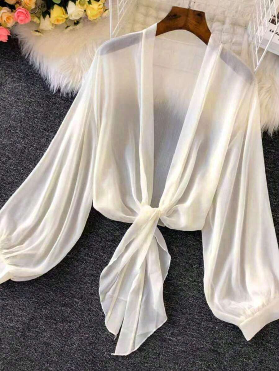de punto con mangas farol y lazada delantera para mujer, prenda ligera de verano - Albaricoque - Ver 1