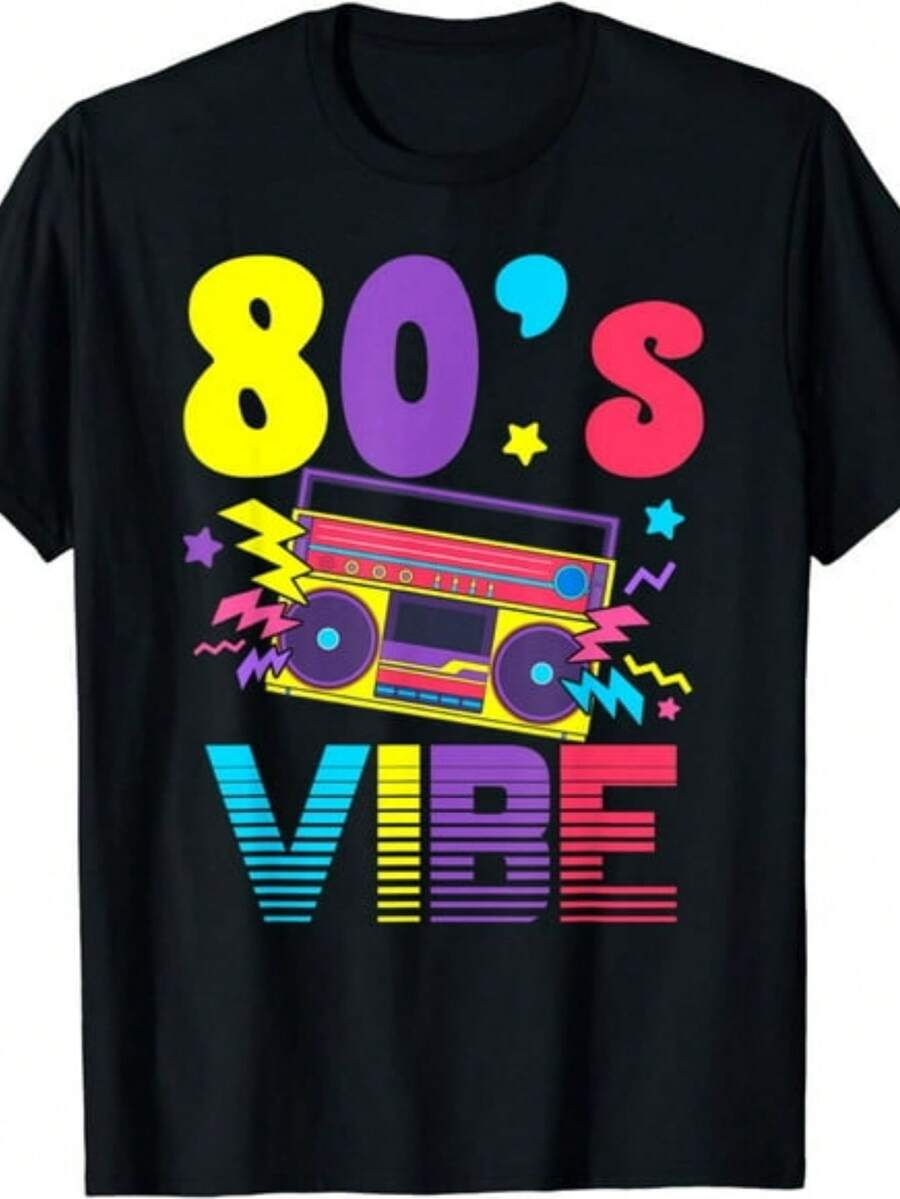 1 pieza de disfraz vintage para fiesta temática de los 80 (unisex para niños y niñas) -- Camiseta con estampado retro de los años 80. |   Los estilos cómodos e informales son adecuados para fiestas temáticas de los años 80, eventos y ropa deportiva de uso diario. |   Impresión digital lavable a máquina, 180g, 100% algodón - Negro - Ver 1