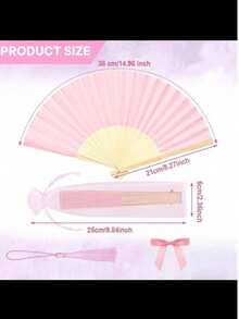 4pcs Value Set! Pink Bamboo Fan + Tassel + Bow + Storage Bag. Suitable For Wedding/Party/Daily Use. - Multicolor - View 10