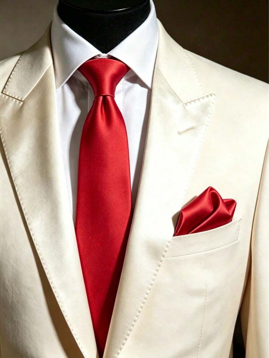 1 Set Solid Color Necktie & Pocket Square Set, 8cm Handmade Tie & Handkerchief Set, Suitable For Wedding, Banquet, Party - Red - View 1