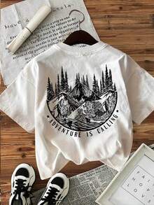 [Impresión a Doble Cara]Camiseta Casual de Primavera y Verano para Mujer, Estilo Outdoor, Estampado de Pino de Montaña con la Frase "LA AVENTURA LLAMA", Cuello Redondo, Manga Corta, Algodón Puro - Camiseta Unisex de Estilo Vintage Urbano, Holgada, de Algodón, con Cuello Redondo, blusas para mujer. blusas.blusas casuales para dama. - Blanco - Ver 3