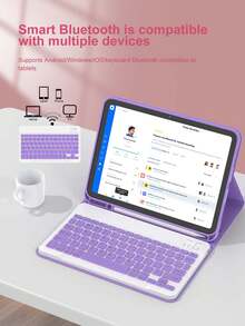 这款键盘保护套兼容 iPad (A16) 第 11 代、第 10 代、第 7/8/9 代，iPad Air 第 4/5 代/(M2) 2024/(M3) 2025，以及 iPad Pro 11 英寸（2018/2020/2021/2022 款）。它采用 PU 皮革材质，配备可拆卸无线键盘、150mAh 电池和内置 Apple Pencil 收纳槽。颜色为浅紫色。 - 紫丁香色 - 查看 7