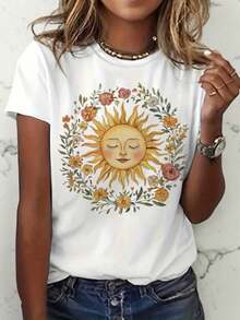 ropa de mujer Camiseta gráfica con diseño de una corona floral y un rostro de sol bohemio vintage, perfecta para entusiastas de la naturaleza, diseñada para mujeres con mangas cortas camisas de mujer - Blanco - Ver 2