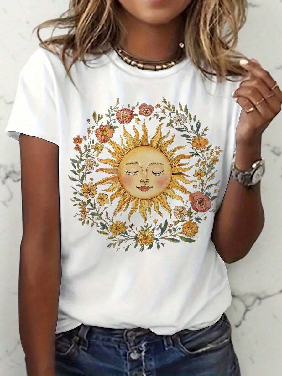 ropa de mujer Camiseta gráfica con diseño de una corona floral y un rostro de sol bohemio vintage, perfecta para entusiastas de la naturaleza, diseñada para mujeres con mangas cortas camisas de mujer