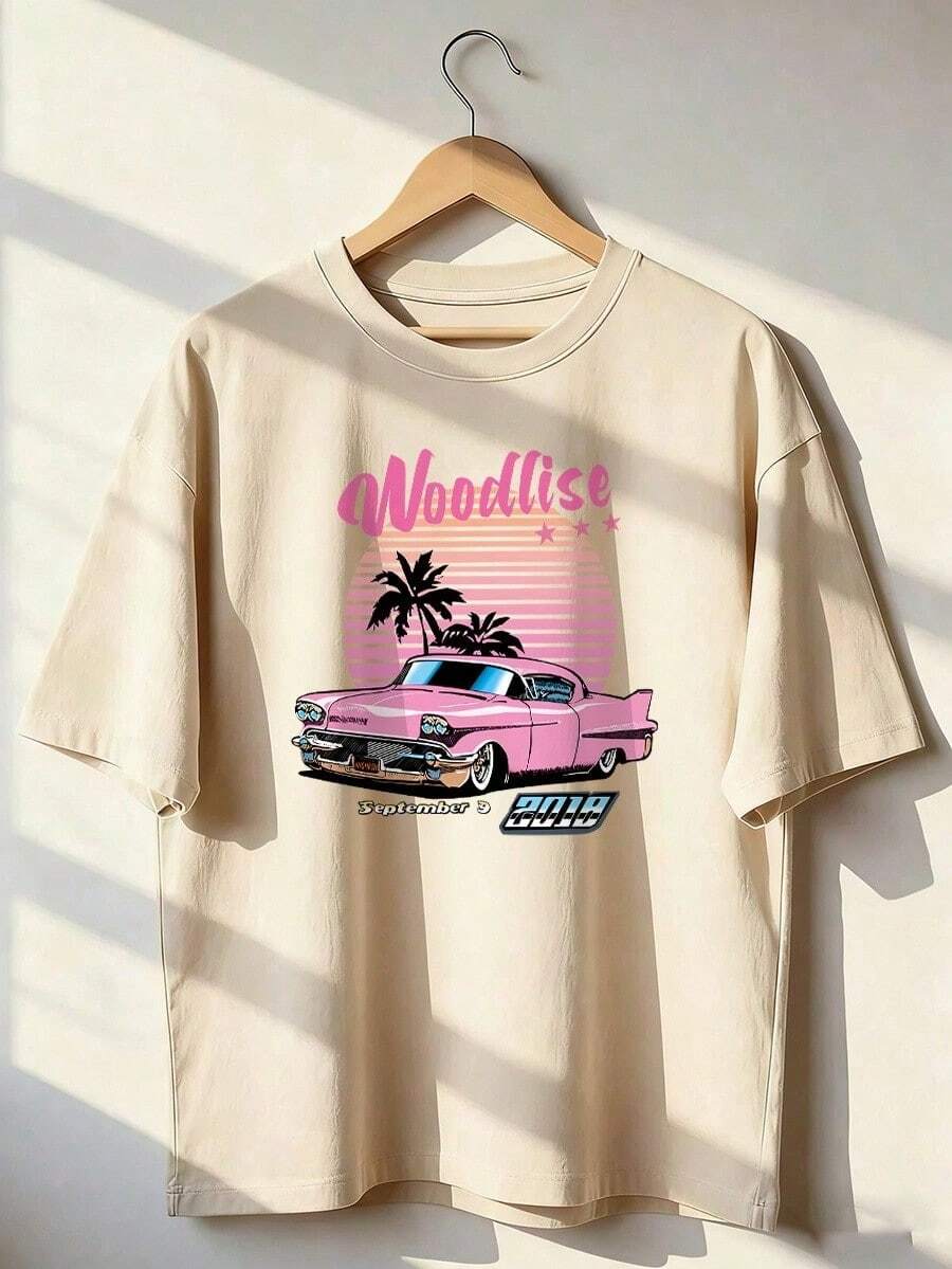 Pink Classic Car And Sunset Palm Tree T-Shirt, Fashionable Short-Sleeved T-Shirt For Spring And Summer 2026, Made In Mexico, 180 Grams. Cartoon Print, Couple Design, Suitable For Indoor Or Outdoor Wear. Crew Neck, Unisex, Ideal For Office And Leisure. One-Pack. - APR-P631577SLNDXZGY502 - 查看 1