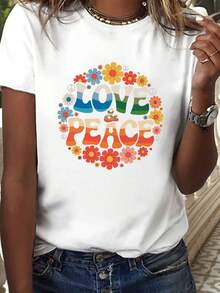 Camiseta Estilo Hippie para Mujer con Gráfico de AMOR & PAZ - Cuello Redondo y Manga Corta, Top Casual con Flores Vibrantes y Símbolos de Paz, Tejido Elástico Medio Lavable aáquina para Verano y Primavera, Ropa Diaria, Moda Retro, Material No Transparente - Blanco - Ver 2