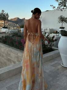 Vestido largo de playa estilo vacacional, estampado, corte holgado, cuello halter y espalda descubierta, estilo europeo y americano. - Multicolor - Ver 7