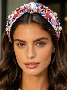 1pc New Beaded & Rhinestone Knotted Wide Headband, Holiday Party Headpiece, Versatile Hairband For Outdoor Wear - Multicolor - View 5