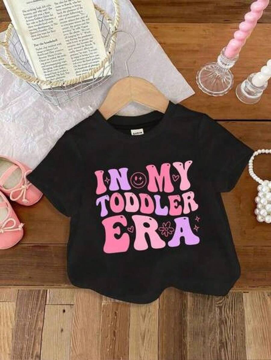 Teen T-Shirts (Only The Short-Sleeved T-Shirt Shown In The Image Is Available) Happikins Baby Girl Casual Minimalist Letter Printed Short Sleeve Round Neck Top, Suitable For Summer. A Simple T-Shirt With A Letter Print, Suitable For Teens And Children. - 黑色 - 查看 1