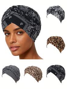 1 chiếc mũ turban tết đôi họa tiết da báo mới, khăn trùm đầu co giãn dành cho nữ. - in ấn - Xem 2
