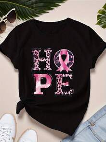 Playeras de Mujer de Algodón Oversize Moda 2026 HOPE Pink Ribbon, Camiseta Cómoda para Mujer, Suave y Sencilla para Uso Diario, Top de Manga Corta - Negro - Ver 7