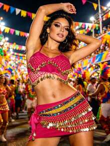 Carnival Festival Coin-Embellished Halter Crop Top With Multi-Layer Coin Hip Wrap For Parade, Rave & Themed Party (Available In Multiple Colors) - Multicolor - View 22