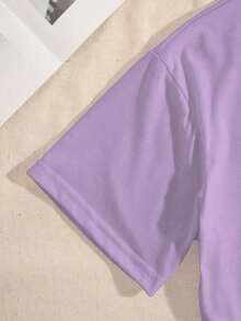 Limited Time Offer, Limited Quantity Available, Lightning, Women's Shirts, Women's T-Shirts. Pink Short-Sleeved T-Shirt With A Casual Summer Letter Print. - 淡紫色 - 查看 4