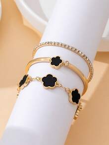 3pcs Luxury Diamond Chain, Lucky Clover Bracelet Jewelry Set For Women - Black - View 4