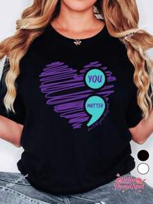 Soft Women's T-Shirt With YOU MATTER Graffiti Print And Round Neck, 100% Cotton Material, Sweat-Absorbent And Breathable, Suitable For All Seasons, Ideal For Casual Daily Wear And Parties, Elegant Blouses For Women. - 黑色 - 查看 7