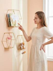 Aesthetic Wall Mounted Storage Rack With Geometric Hexagon Design Nordic Gold Metal Display Stand For Students And Professionals Wall Mounted Floating Home Decor For Bedroom Living Room Study Desk Accessories Room Decor Decorative Style Shelf Decoration Display Stand Home Decor Essentials - 1PC - View 15