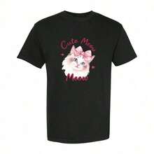 1 Piece Of Women's Pure Cotton Cat Print T-Shirt, New Design 2026 Print T-Shirt, Casual Round Neck T-Shirt For Spring And Summer, Women's Daily Wear T-Shirt, White/Black/Pink/Yellow/Green/Navy/Red, 180g, 100% Cotton. - 黑色 - 查看 2