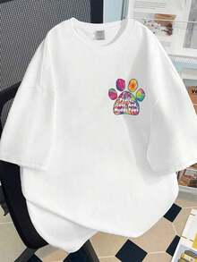 Rainbow Color Gradient Paw Print Pattern, Fun Double-Sided Print, 100% Pure Cotton, Women's Short-Sleeved T-Shirt, Loose And Casual, Soft And Comfortable, Hong Kong And Korean Fashion Style, Suitable For Daily Wear, Couple Sets, Unisex, Ideal For Travel. - 白色 - 查看 4