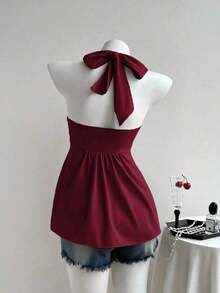 Top de tirantes con estampado de lunares marrones y detalle de nudo en la espalda para mujer, adecuado para verano, vacaciones de primavera, ceremonia de graduación, fiesta de boda, vacaciones elegantes, playa casual, estilo Y2K lindo y sexy y - Burdeos - Ver 2