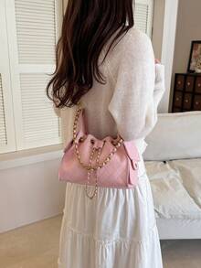 Rhombus Pattern Women's Large Capacity Shoulder Crossbody Drawstring Bucket Bag, Commuter Handbag - Pink - View 3