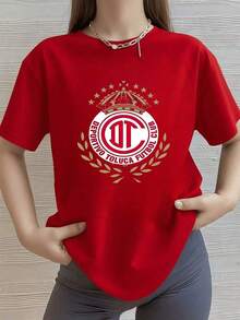 NewSummerCasualEscudo con corona y estrellas que simboliza orgullo deportivo pasión y unión del equipo Deportivo Toluca camiseta de mujer 100% algodón suave y cómoda para uso diario-Vintage Street Style Unisex Loose Cotton Short Sleeve Crew Neck T-Shirt - Rojo - Ver 6