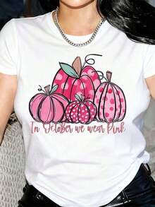 Women's T-Shirt With Pink Polka Dot Pumpkins And Leaves, Pink Polka Dot Pumpkins With Green Leaves And Stem. - 白色 - 查看 6