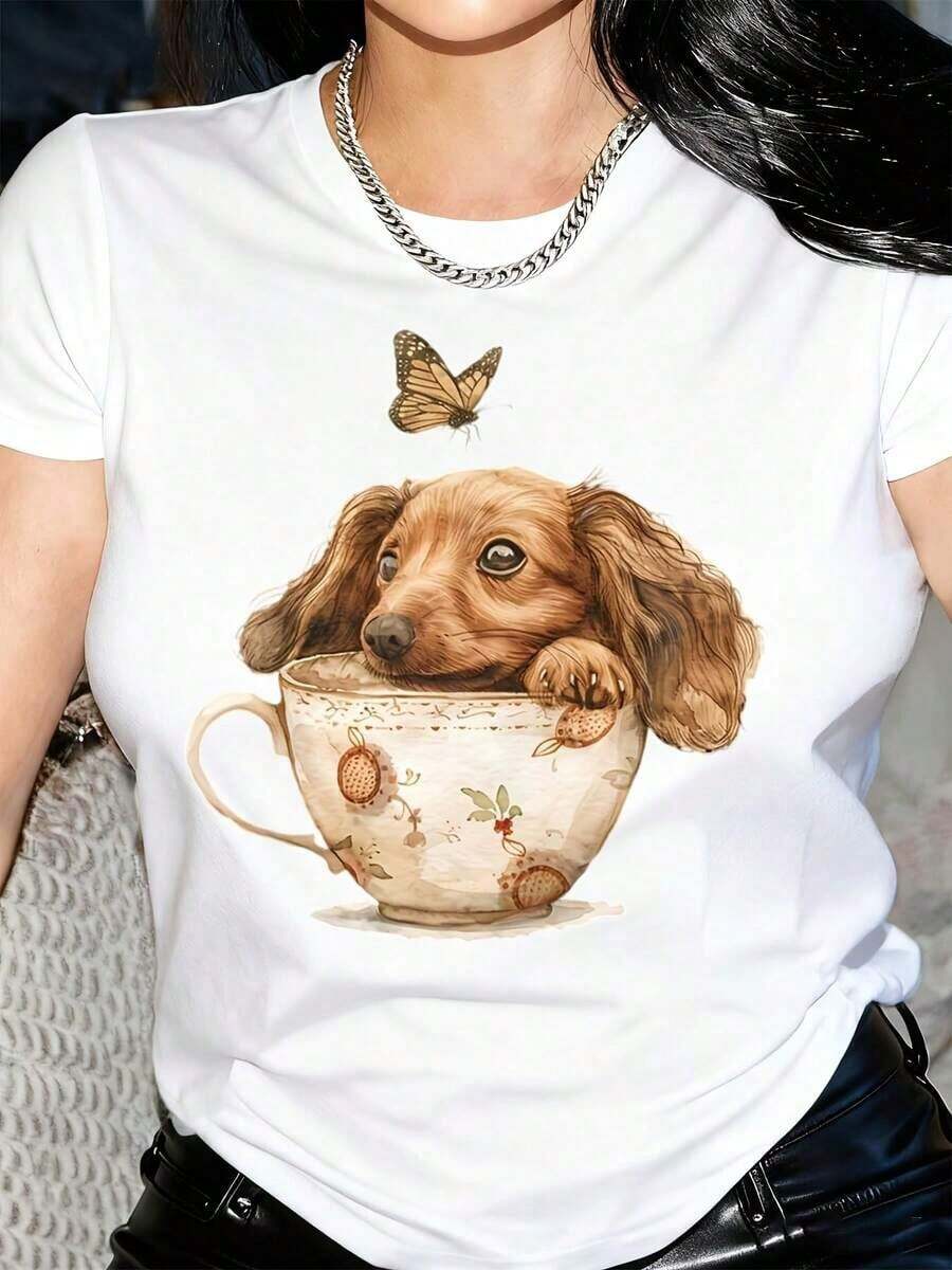 New Arrivals For Summer. Women's Casual Short Sleeve T-Shirt - Dachshund In Teacup And Butterfly Graphic Design For Easter, Soft, Round Neck, Regular Fit, Machine Washable, Spring Summer Top, Dog Print T-Shirt, Semi-Sheer Material, Everyday Top, Graphic T-Shirt, Lightweight, Printed T-Shirt, Fashion Blouse, Shirt > Beautiful. - 白色 - 查看 1