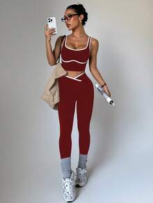 Dewbera Conjunto deportivo de mujer de dos piezas con bloques de color sin costuras, malla de yoga, conjunto de fitness, conjunto de entrenamiento de dos piezas, conjunto activo de dos piezas, conjunto deportivo negro de dos piezas - Multicolor 2 - Ver 6