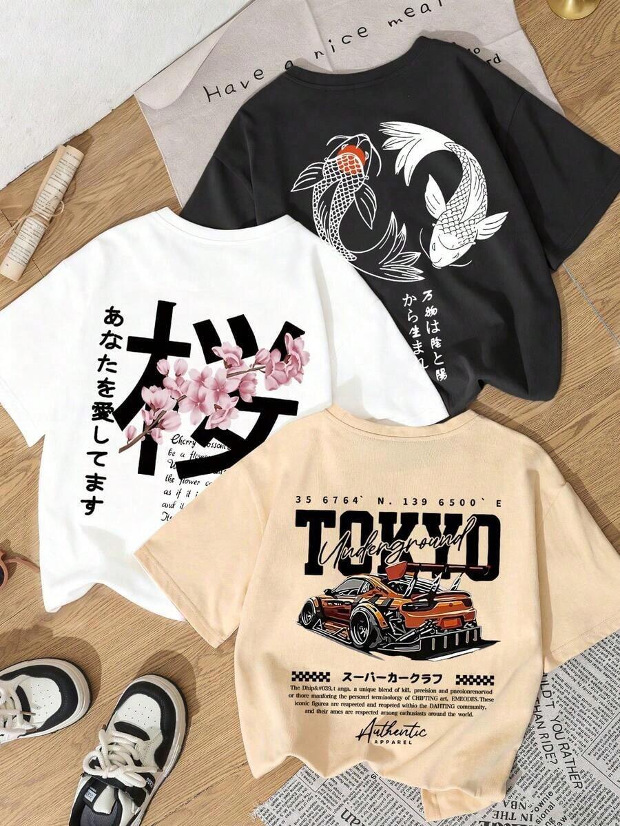 New Fun And Casual Three-Piece Set For Summer, Featuring Prints Of Cars, Tents And Japanese Cherry Blossoms, Short-Sleeved Round Neck T-Shirt, A Modern And Versatile Top For Women. - 白色 - 查看 1