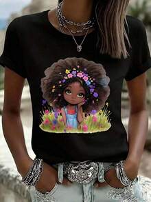 Women's T-Shirt With Cartoon Flower Hair Print, Casual Summer Top For Women, Fashion Graphic T-Shirt - 黑色 - 查看 1
