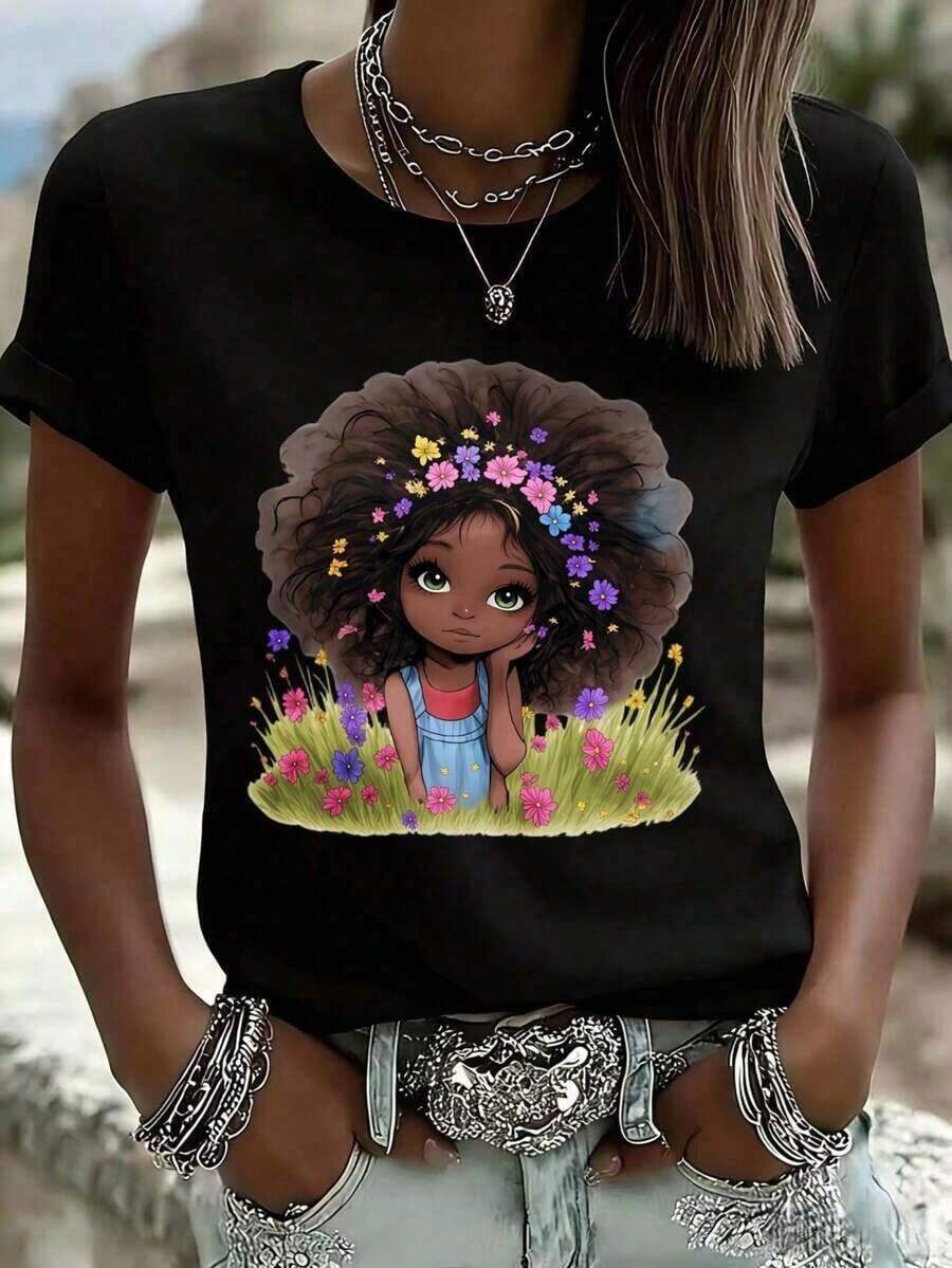 Women's T-Shirt With Cartoon Flower Hair Print, Casual Summer Top For Women, Fashion Graphic T-Shirt - 黑色 - 查看 1