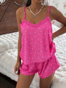 Conjunto de pijama para mujer, de tela de canalé tejida, con estampado de corazones en patchwork con adorno de encaje, fresco, pastoril, romántico, dulce, lindo y sexy camiseta y shorts, adecuado para uso exterior - Rosa Fucsia - Ver 4