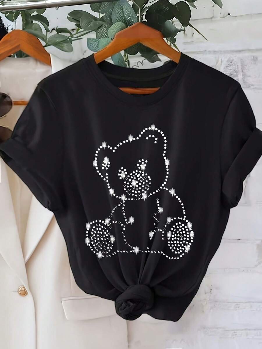 Women's Casual Short-Sleeved Crew Neck T-Shirt With Diamond Bear Print, Breathable Black Fabric, Machine Washable, Comfortable Fit For All Seasons, Ideal For Christmas, Easter, Halloween, Thanksgiving. - 黑色 - 查看 1