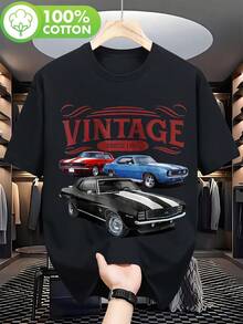 Unisex T-Shirt With Classic Car Graphic Design, Black, Retro Style, For 2nd To 6th Generation Classic Cars, Nostalgic Automotive Design, Comfortable And Breathable, For Car Lovers, Casual Gym Wear - 黑色 - 查看 7