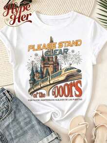 HypeHer Women's New Summer 2026 T-Shirt, Short Sleeve, Regular Crew Neck, Casual Monorail Theme Print, Cotton Blend, Ideal Gift For Girls Or Moms, Summer Fit For Women. Breathable And Comfortable. - 白色 - 查看 6