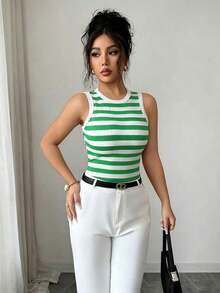 Top de tirantes ajustado y acanalado elegante para mujer, en negro y blanco acanalado, adecuado para uso diario en primavera/verano - Verde - Ver 5